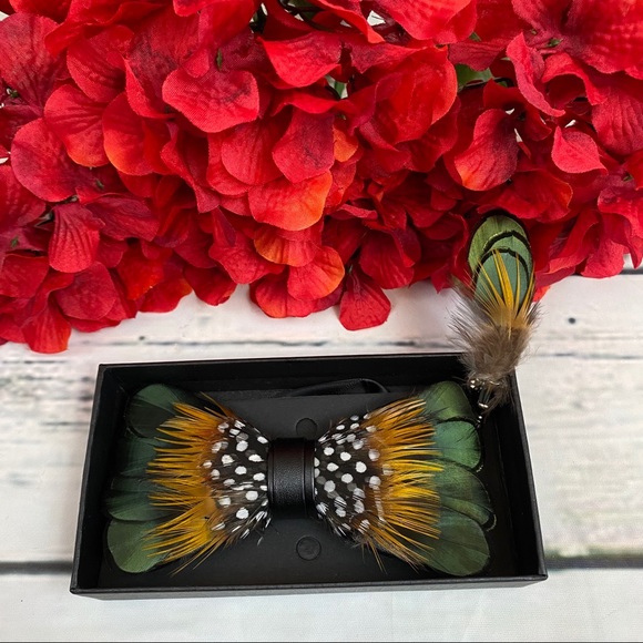 Handmade Green, Gold, and Black Dotted Feather Bow Tie Boutonnière Lapel Pin Set - Picture 3 of 12